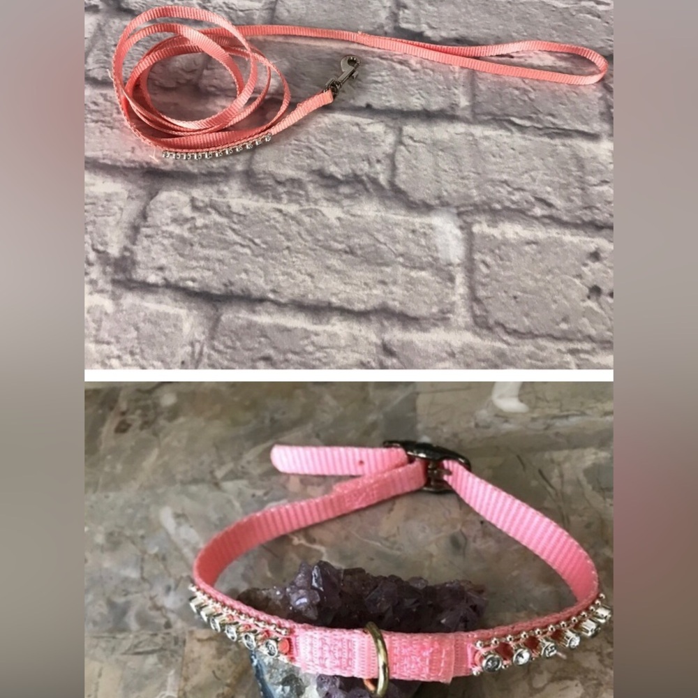 2PC SET Pet Collar and Leash Pink with Rhinestones